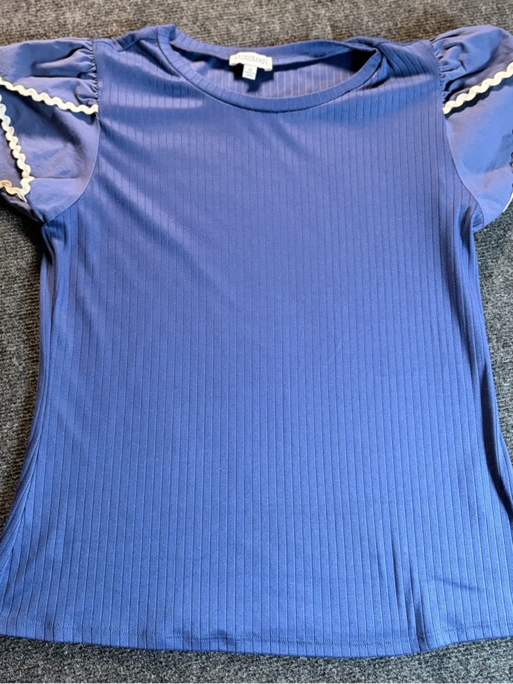 Luxology Blue Ribbed Top with Puff Sleeves and White Trim